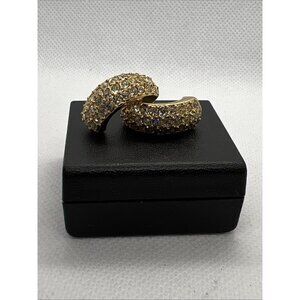 Vtg "Roman" Gold tone Half-Hoop Pierced Earrings Rhinestones Bling Elegant 5/8"